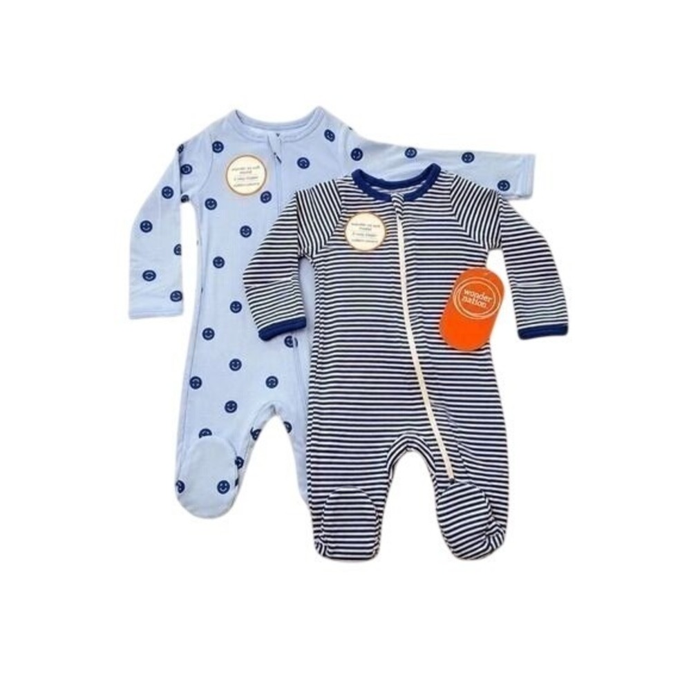 Wonder Nation Baby 2 Pack Modal Footed Sleepers Smiley Face Stripe Blue 6-9M